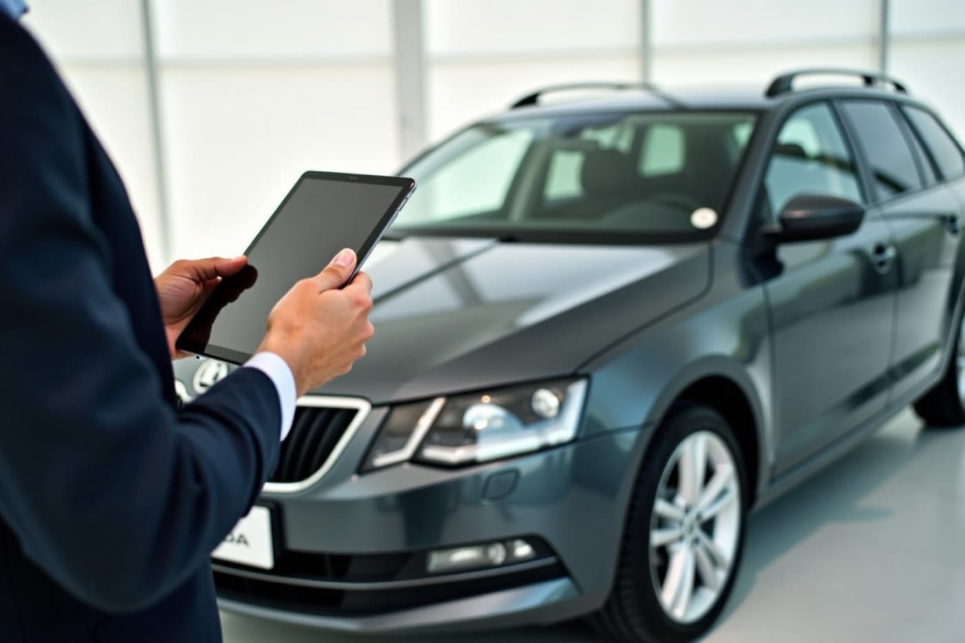 Car dealer with a tablet next to a car